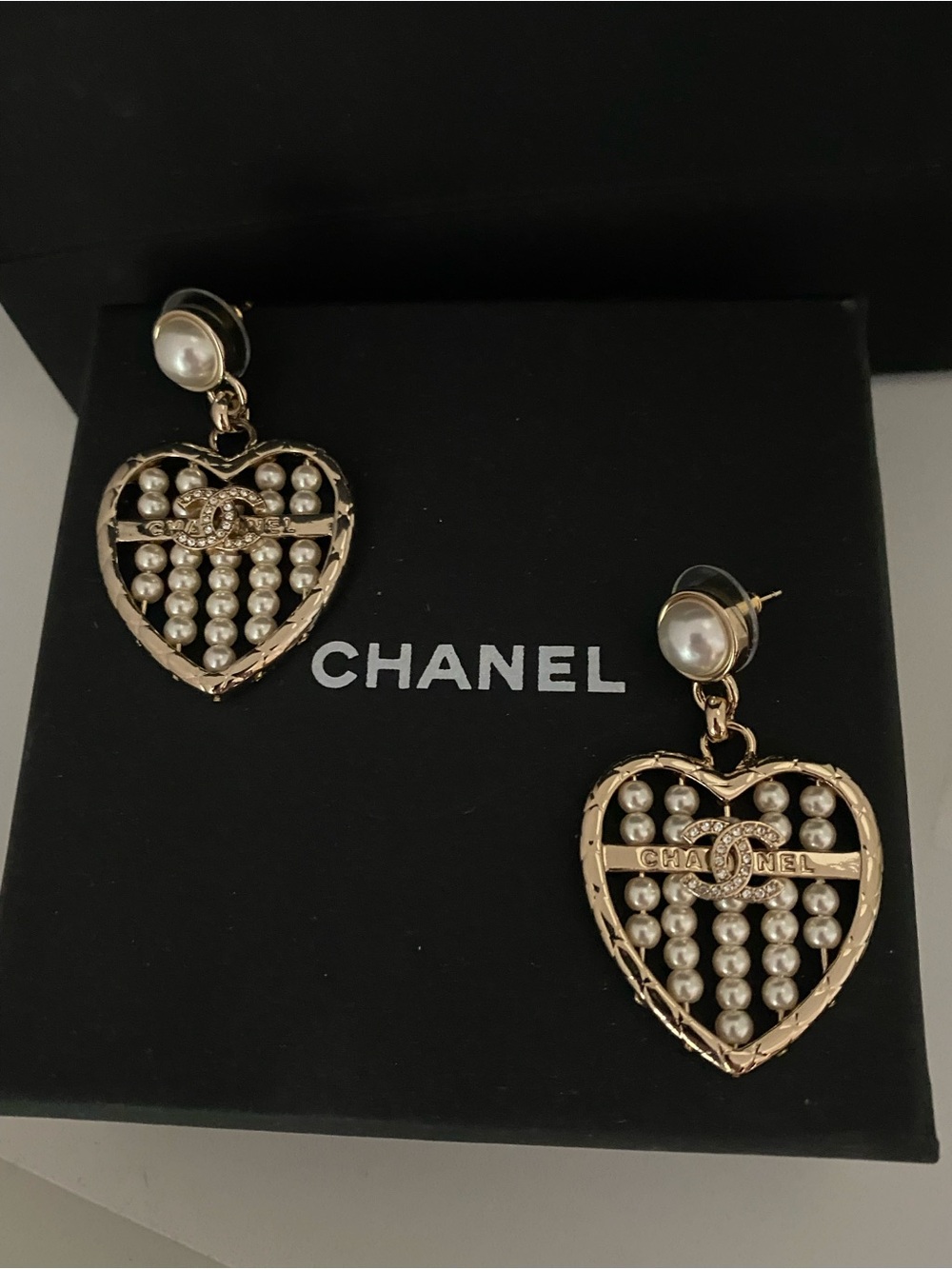 CHANEL Gold and Pearl Heart Drop Earrings